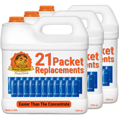 3 bottles of Shaver Shebang for Panasonic WES4L03. Each bottle replaces 21 Panasonic cleaner concentrate packets.